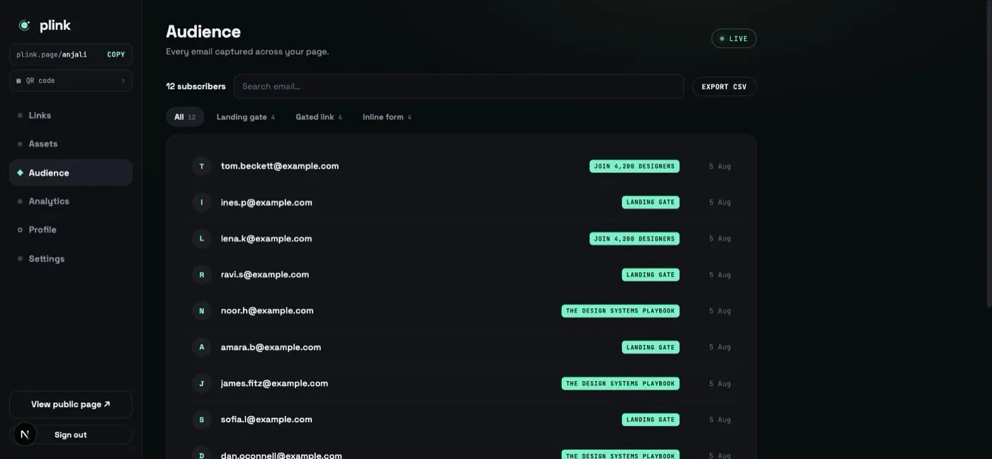 The audience tab listing subscribers with source chips and an export button