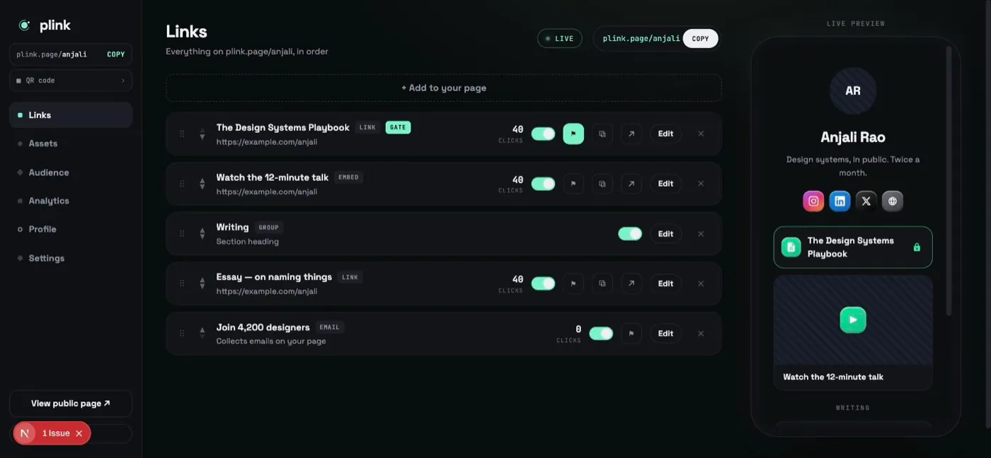 The links editor with a gated item, its GATE badge, click counts, and a live preview of the public page
